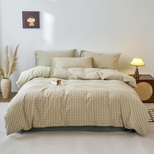 Green Gingham Twin Duvet Cover Set Washed Cotton Plaid Twin Comforter Cover Sage Green Boho Pattern Zipper Duvet Cover Set with 2 Pillow Cases Cute Checkered Bedding Set Vintage Duvet Protector