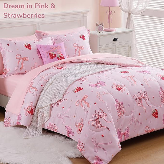 Full Size Comforter Set for Girls - 4 Pieces Pink Bow Full Bedding Sets for Kids,1 Comforter, 2 Shams and 1 Decor Pillow