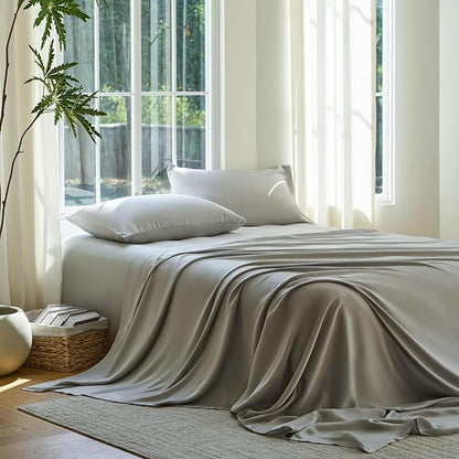 DOZ Sheet Set, 100% Viscose derived from Bamboo, Organically Grown, Buttery Soft, Cooling Sheets, High GSM, Deep Pockets - 4 Piece - 2 Pillowcases 1 Fitted Sheet 1 Top Sheet (Dove, Full)