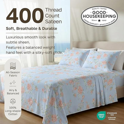 California Design Den Floral Pattern King Size Sheets Set - 400 Thread Count, Natural 100% Cotton, Soft Sateen Weave, Deep Pocket King Sheets, and Durable Bedding Set - Antique Rose