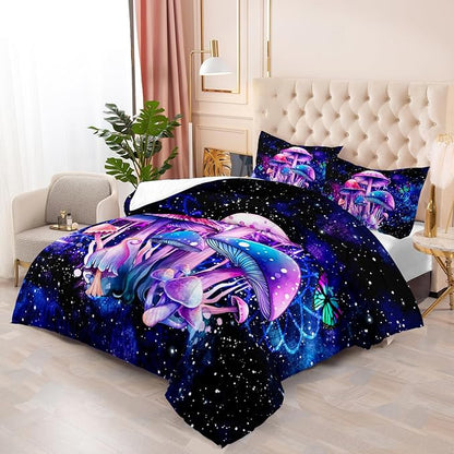 Fantasy Mushrooms Comforter Set Twin,Galaxy Fantasy 3 Pieces Bedding Set for Teens Kids,Violet Down Alternative Bed Comforters Bedding Sets for All Season