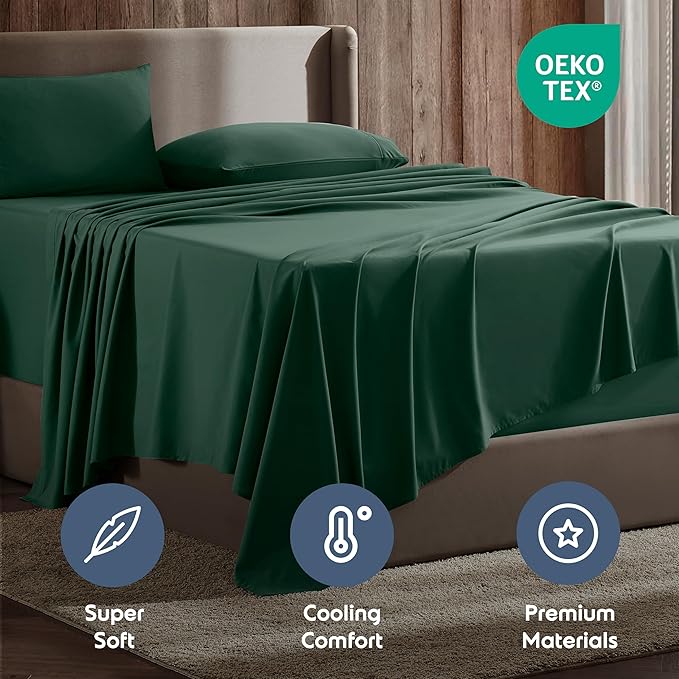Nestl Short Queen Sheet Set - 1800 Ultra-Soft Microfiber - Double Brushed - Deep Pockets - Easy Fit - 4 Piece Set - Bed Sheets (Short Queen, Dark Green)