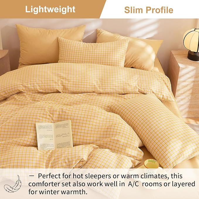 EAVD Vintage Style Yellow Plaid Comforter Set King Soft 100% Washed Cotton Modern Grid Checkered Plaid Bedding Set with 2 Pillowcases Farmhouse Gingham Comforter Set for All-Season