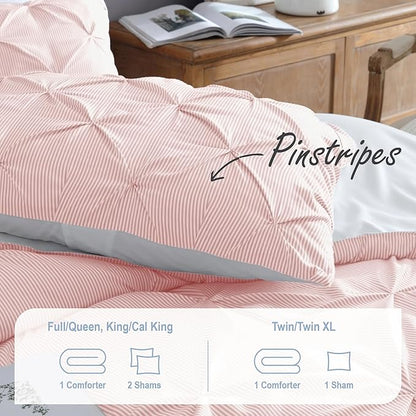 Swift Home Full/Queen Pinstripe Peach Pink Comforter Set - Classic Pintuck Bedding Set - 3 Pieces Bed Linen, 1 Comforter and 2 Pillow Shams
