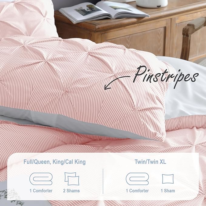 Swift Home King Pinstripe Peach Pink Comforter Set - Classic Pintuck Bedding Set - 3 Pieces Bed Linen, 1 Comforter and 2 Pillow Shams