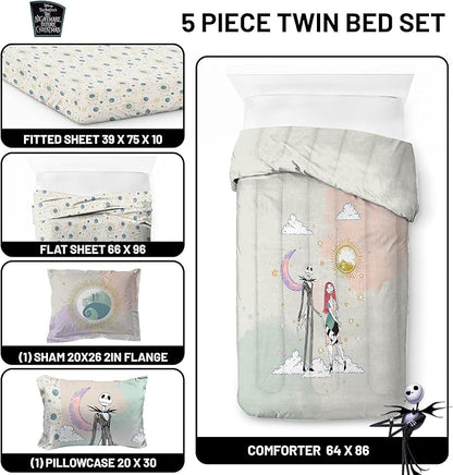 Disney Nightmare Before Christmas Twin Size Comforter Set - 5 Piece Jack and Sally Bedding Includes Sheet Set & Pillow Covers - Super Soft Ombre Bedding