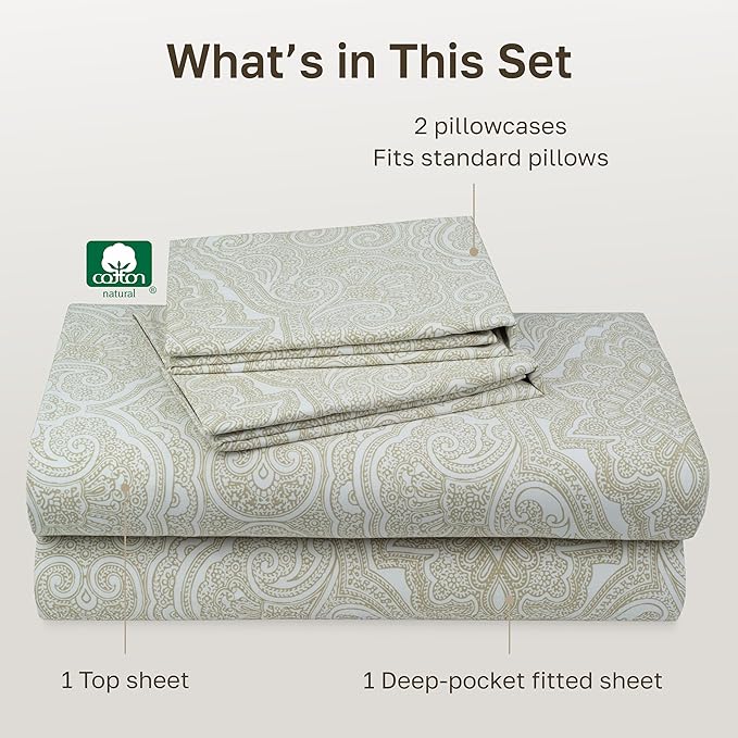 California Design Den Queen Sheet Set - 400 Thread Count Sateen, Deep Pocket Natural 100% Cotton Sheets, Deep Pocket and Durable Bedding - Paisley Pattern, Beige