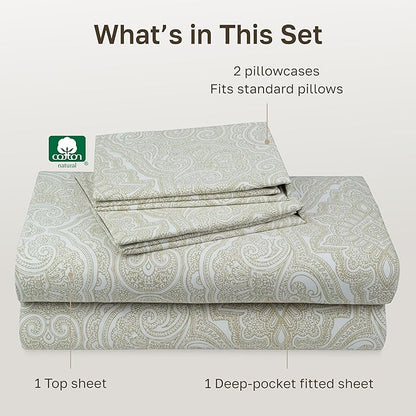 California Design Den Queen Sheet Set - 400 Thread Count Sateen, Deep Pocket Natural 100% Cotton Sheets, Deep Pocket and Durable Bedding - Paisley Pattern, Beige
