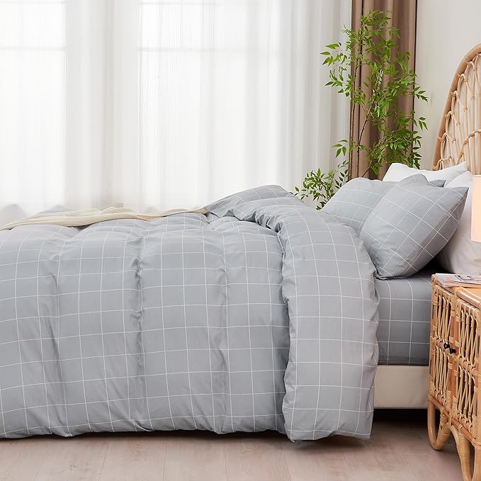 JELLYMONI 100% Natural Cotton 2pcs Plaid Duvet Cover Sets, Checkered Twin Comforter Cover, 1 Duvet Cover and 1 Pillow Case with Zipper Closure & Corner Ties, Light Grey