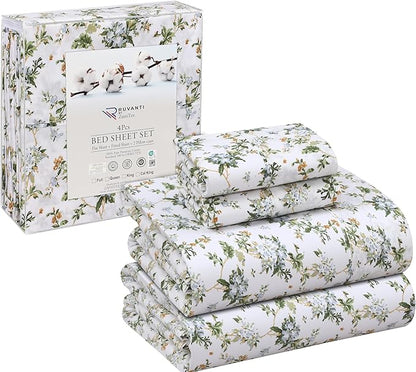 RUVANTI 100% Cotton Sheets – King Size Percale Bedding, Cooling & Breathable Floral Design, Durable with a Crisp, Soft & Comfortable Feel, 16" Deep Pocket, 4-Piece Set, Heritage