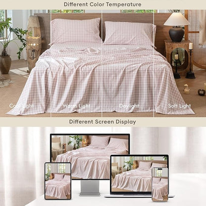 MooMee Gingham Sheet Set 100% Washed Cotton Linen Like Textured Breathable Soft w/Fully Elasticized 16-19" Deep Pocket (Classic Gingham Greyish Pink, Queen)