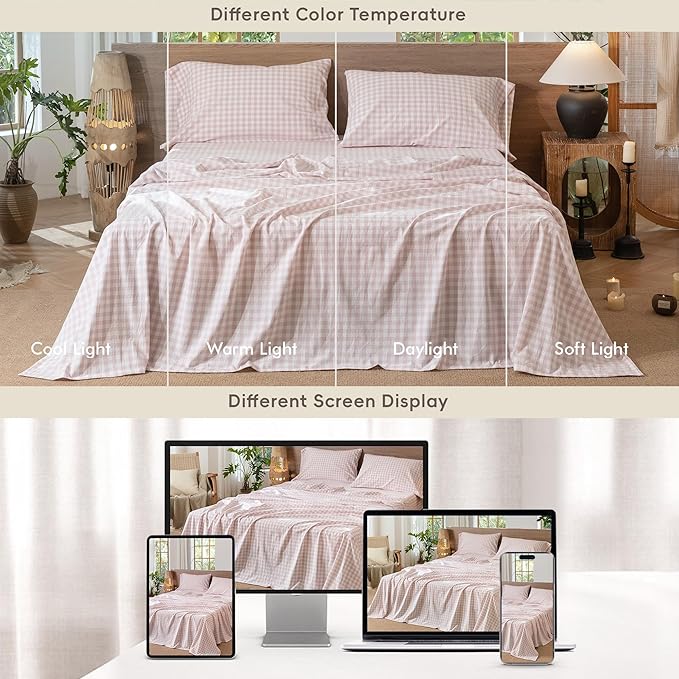 MooMee Gingham Sheet Set 100% Washed Cotton Linen Like Textured Breathable Soft w/Fully Elasticized 16-19" Deep Pocket (Classic Gingham Greyish Pink, King)
