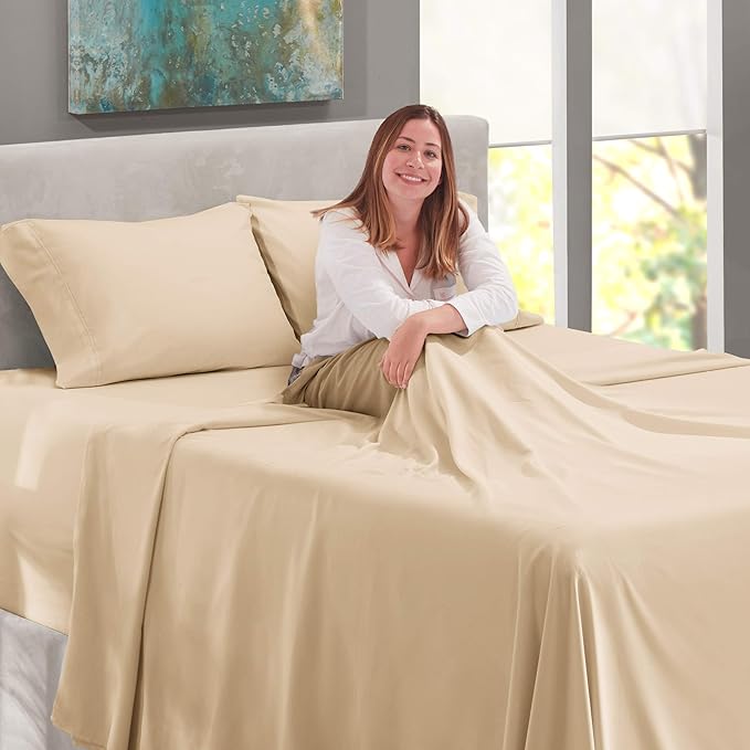 Nestl King Size Sheet Set, 4 Piece Extra Deep Pocket (18-24 inches), Microfiber, Hotel Luxury, Soft, Breathable, Wrinkle-Free, Easy to Care, Beige Cream