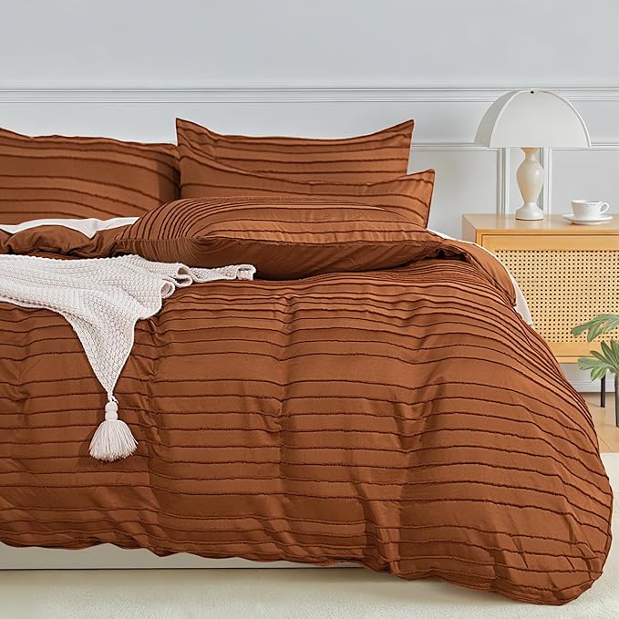 NEXHOME PRO Twin Duvet Cover,Brunt Orange 2 Pieces Boho Tufted Duvet Cover Set, Soft and Lightweight 100% Washed Microfiber Comforter Cover Set for All Season(Brunt Orange, 66 x 90)-No Comforter