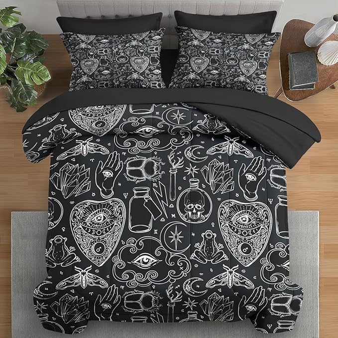Comforter Set King Size, Medieval Retro Halloween 7 Pcs Bedding for Kids and Adults, Gothic Vintage Bed Sheet Sets with Fitted Sheet 2 Pillowcases & 2 Shams for Bedroom Bed Decor