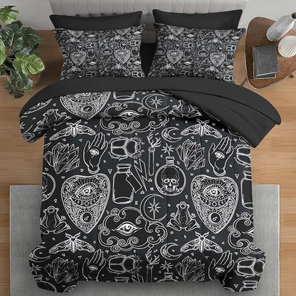 Comforter Set King Size, Medieval Retro Halloween 7 Pcs Bedding for Kids and Adults, Gothic Vintage Bed Sheet Sets with Fitted Sheet 2 Pillowcases & 2 Shams for Bedroom Bed Decor