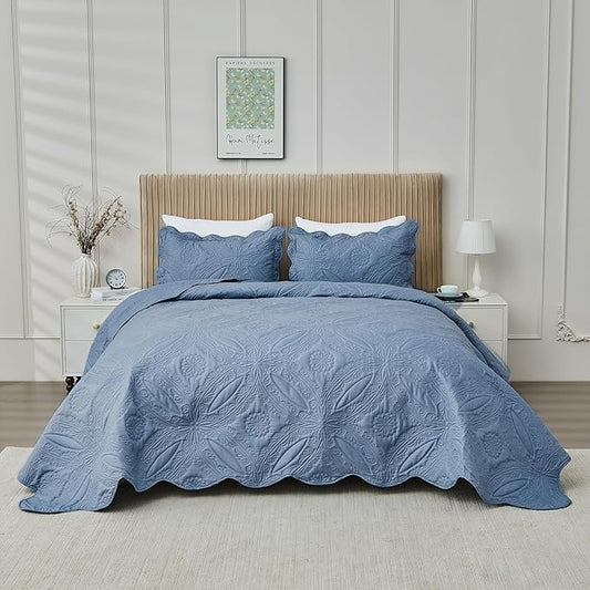 Oversized Cal King Bedspreads 120x120 for Extra Tall Split California King Bed Lightweight Quilted Coverlet Set 3 Pieces 1 Quilt 2 Pillow Shams Faded Denim