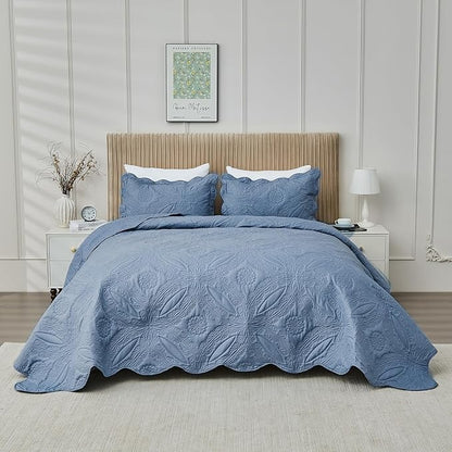Kingnex Oversized King Bedspreads 128x120 for Extra Wide Tall King or Cal King Bed Ultrasonic Quilted Coverlet Set 3 Piece Include 1 Quilt 2 Pillowcases Faded Denim