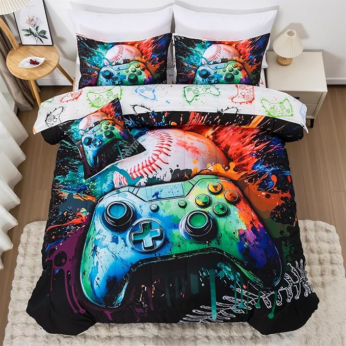 Aimuan Gamer Gaming Bedding Sets 3D Gamepad Comforter Sets for Boys Games Console Action Buttons Novelty Colorful Game Controller Modern Room Decor Home Quilt Set (Green, Full 6Pcs)