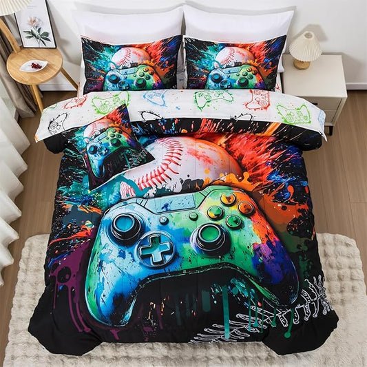 Aimuan Gamer Gaming Bedding Sets 3D Gamepad Comforter Sets for Boys Games Console Action Buttons Novelty Colorful Game Controller Modern Room Decor Home Quilt Set (Green, Twin 6Pcs)