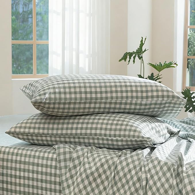 MooMee Bedding Pillowcases Gingham Pack of 2 100% Washed Cotton Linen Like Textured Breathable Durable Soft Comfy (Classic Gingham Sage Green, Queen)