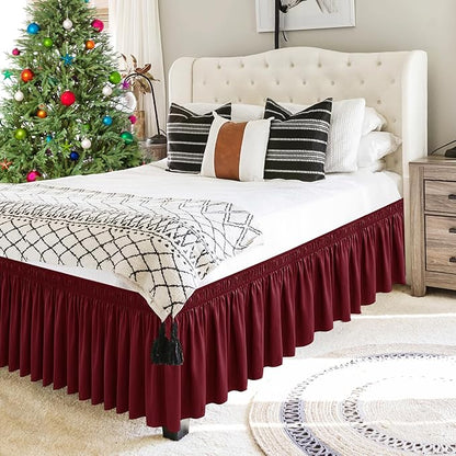 Biscaynebay Wrap Around Bed Skirts for Queen Beds Short Drop of 12", Burgundy Adjustable Elastic Dust Ruffles Easy Fit Wrinkle Resistant Silky Luxurious Fabric Machine Washable