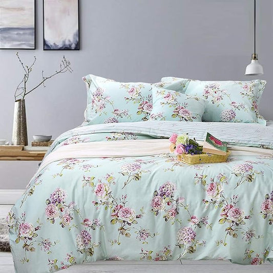 FADFAY French Country Duvet Cover Set King/California King 100% Cotton Floral Bedding Farmhouse Hydrangea Flower and Rose Floral Shabby Comforter Covers with Hidden Zipper - No Filling