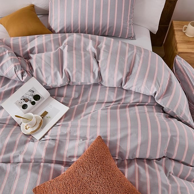 Merryword 100% Cotton Duvet Cover Set King Size - Gray and Pink Striped Bedding Set with Zipper & Corner Ties, 3-Piece Luxury Linen Like Bedding Set for All Seasons