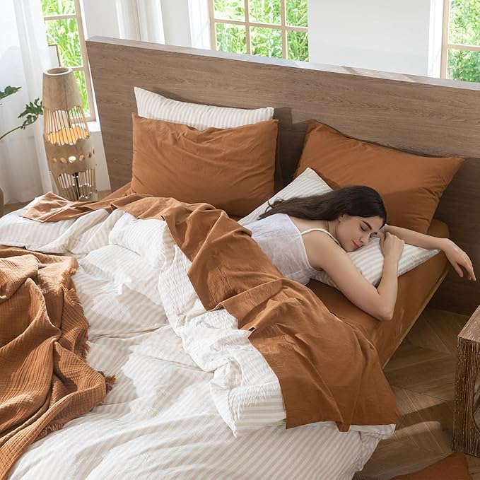 MooMee Bedding Sheet Set 100% Washed Cotton Linen Like Textured Breathable Durable Soft Comfy (Solid Dark Orange, California King)
