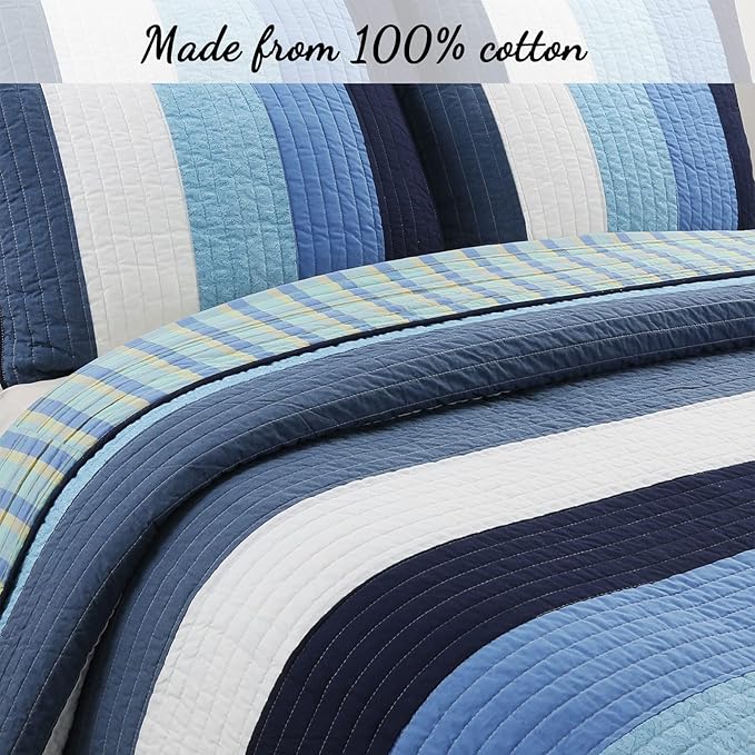 Cozy Line Home Fashions Navy Blue Striped Boy 100% Cotton Reversible Quilt Bedding Set, All-Season Coverlet Bedspread (Preston, Queen - 3 Piece)