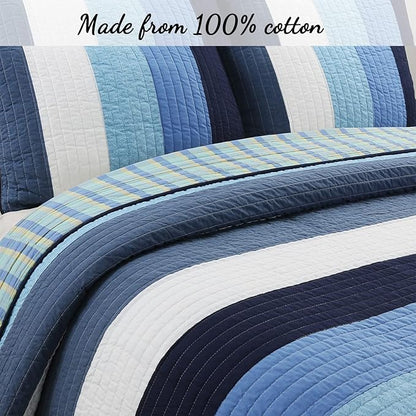 Cozy Line Home Fashions Navy Blue Striped Boy 100% Cotton Reversible Quilt Bedding Set, All-Season Coverlet Bedspread (Preston, Twin - 2 Piece)