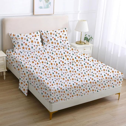 Softan Christmas Holiday Twin Size Sheet Set,3-Piece Printed Microfiber Fitted Bed Sheet with 15" Deep Pocket & Non-Slip Straps, Snowflake Reindeer Patterned Sheets & Pillowcase Set