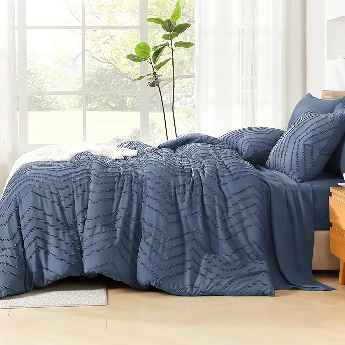 Litanika Twin Comforter Set with Sheets Ocean Blue - 5 Pieces Boho Tufted Shabby Chic Bed in a Bag, Fluffy Soft Farmhouse Bed Set for All Seasons