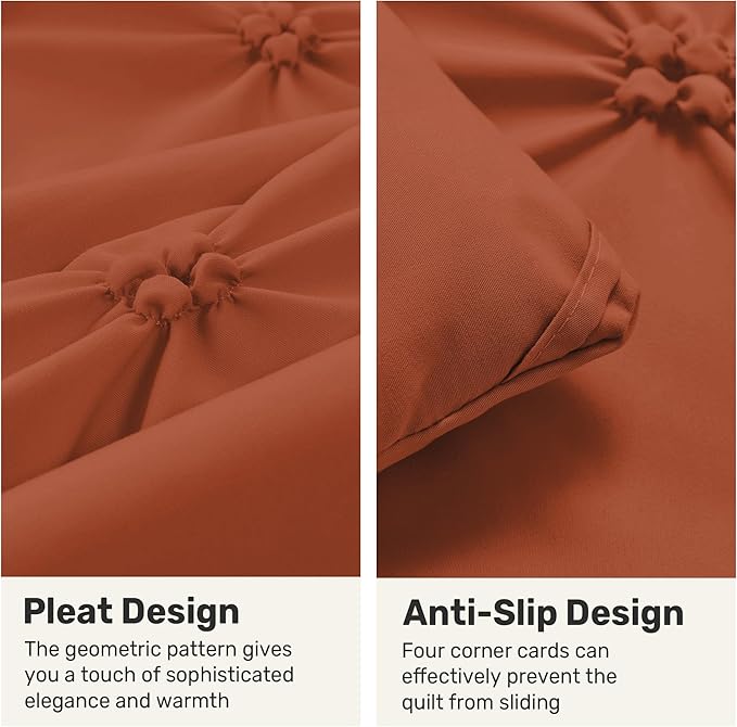 UNIKOME King Size Comforter Set Burnt Orange - Ultra Soft Boho Pintuck Down Alternative Bedding Set for All Seasons, 3 Pieces Lightweight Warm Pinch Pleat Bed Set with Comforter, 2 Pillowcases