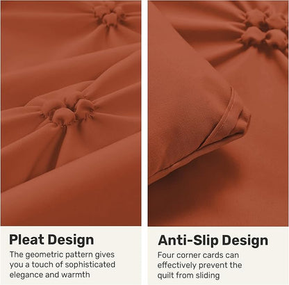 UNIKOME Queen Comforter Set Burnt Orange - Ultra Soft Boho Pintuck Down Alternative Bedding Set for All Seasons, 3 Pieces Lightweight Warm Pinch Pleat Bed Set with Comforter, 2 Pillowcases
