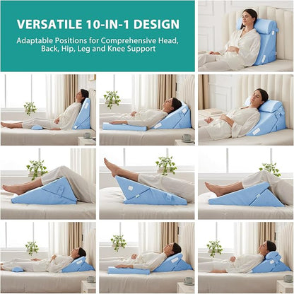 3Pcs Orthopedic Bed Wedge Pillow Set, Foam Wedge Pillow Post Surgery for Back, Leg and Knee Support, Adjustable 9&12 Inch Folding Triangle Pillow for Sleeping, Acid Reflux, Snoring, Light Blue