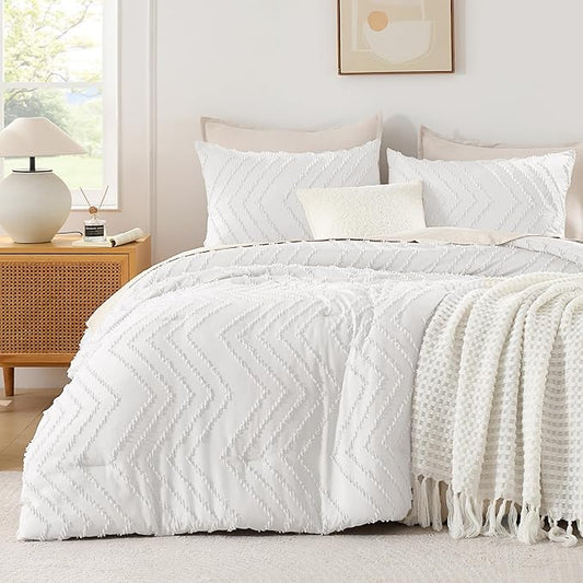Andency White Comforter Full Size, Boho Soft Fluffy Warm Lightweight Bedding Comforter Sets for Full Bed, 3 Pieces Chevron Tufted Aesthetic Microfiber Lightweight Comforter Set