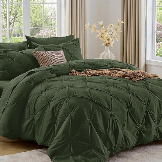 Sasttie California King Comforter Set, 7-Piece Bed in a Bag, Pintuck Bedding Sets for All Season, Includes Comforter, Flat Sheet, Fitted Sheet, Pillowcases and Pillowshams, Dark Green