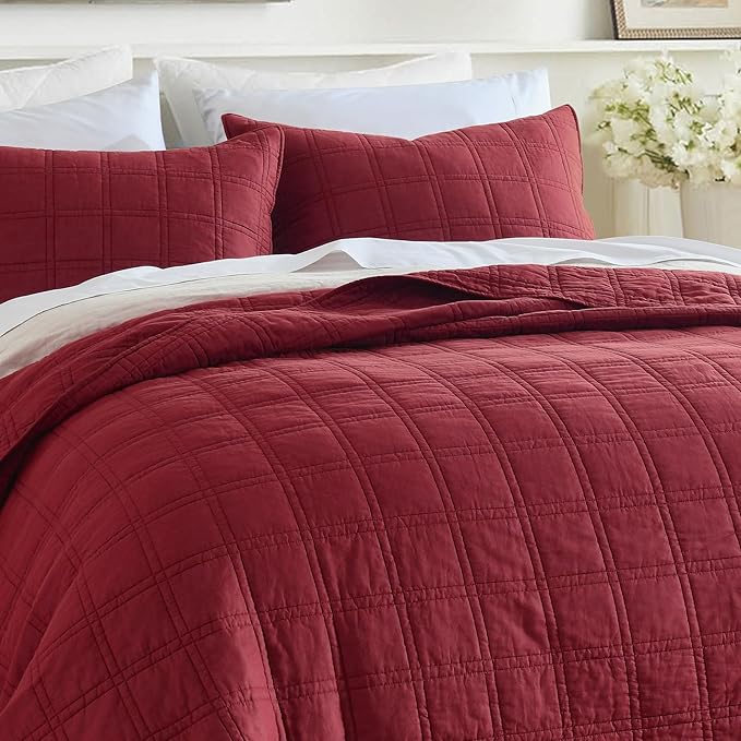 HORIMOTE HOME 100% Cotton Quilt Set King Size, Burgundy Red Pre-Washed Bedspreads Coverlet Set in Geometric Pattern, Cozy Lightweight Stitching Decorative Bedding Cover with 2 Shams for All Season