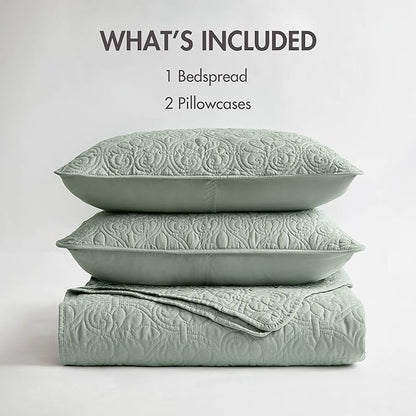 Madison Park Quebec Reversible Quilt Set Damask Design, Double Sided Stitching All Season, Lightweight Bedspread Bedding Set, Matching Sham, Seafoam, Full(96"x110") 3 Piece