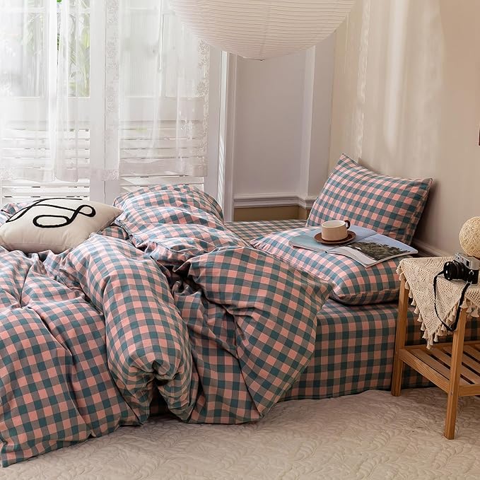 VM VOUGEMARKET Pink Blue Purple Plaid Comforter Set Queen,3 Pieces Gingham Comforter with 2 Pillowcases for Teen Girls Simple Modern Bedding Set (90"x90")