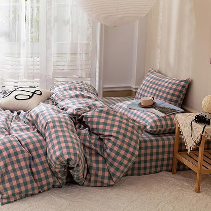 LifeTB Reversible Plaid Duvet Cover Twin Modern Soft Purple Pink Plaid Comforter Cover 3 Pieces 100% Washed Cotton Bedding Set Twin Cozy Linen Feel Buffalo Grid Duvet Cover with Zipper Closure