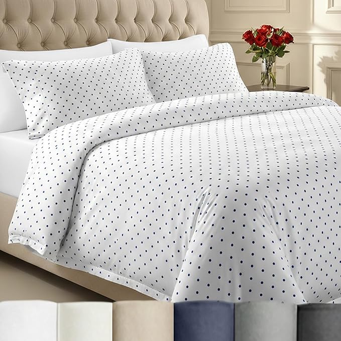 California Design Den Printed King Size Duvet Cover Set - 400 Thread Count 100% Cotton Sateen, Comforter Cover and 2 Pillow Shams, Button Closure and Corner Ties (3 Piece, Polka Dot)