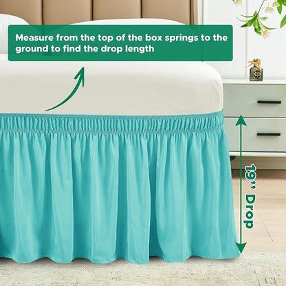 Biscaynebay Wrap Around Bed Skirts for Queen Beds 19" Long Drop, Aqua Adjustable Elastic Dust Ruffles Easy Fit Wrinkle Resistant Silky Luxurious Fabric Machine Washable