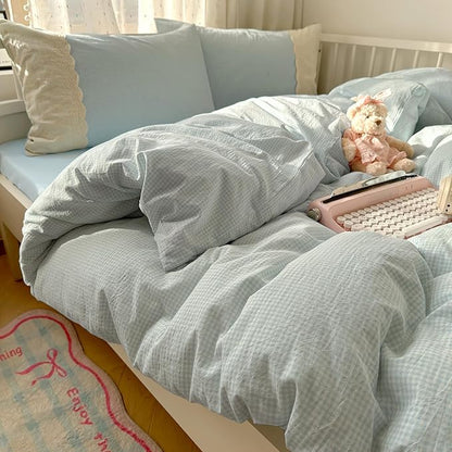 VM VOUGEMARKET Blue Gingham Comforter Set Full Romantic Lace Comforter with 2 Pillowcases Sky Blue Plaid Grid Bedding Comforter for Teen Girls,80"x90"