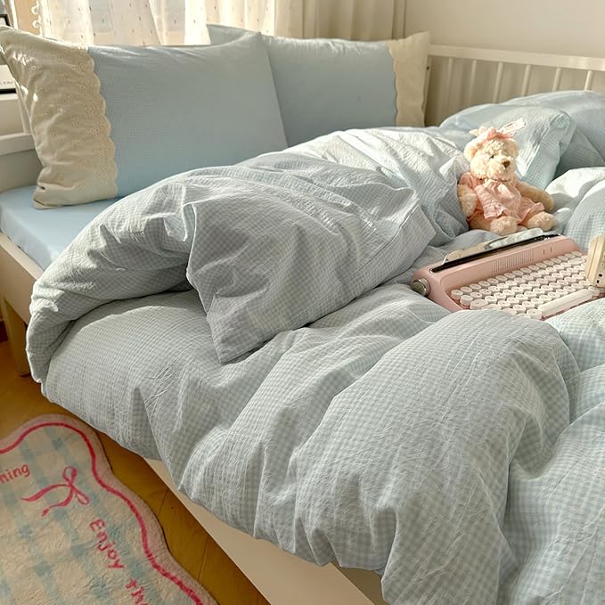 VM VOUGEMARKET Blue Plaid Comforter Set Queen Romantic Lace Comforter with 2 Pillowcases Sky Blue Gingham Bedding Comforter for Teen Girls,90"x90"