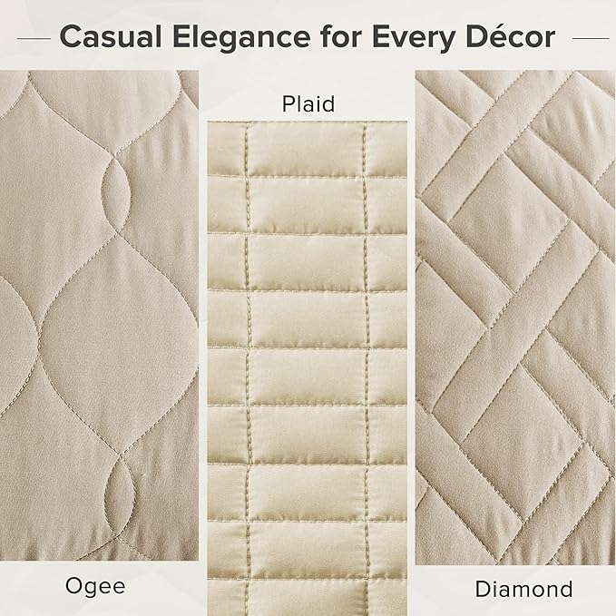 Comfort Spaces Queen Quilt Set Modern Reversible Ogee Coverlet Queen Bedding Set Cozy Quilted Winter Layer, All Season Lightweight Soft Queen Size Quilt, Kienna, Full/Queen Beige 3 Piece