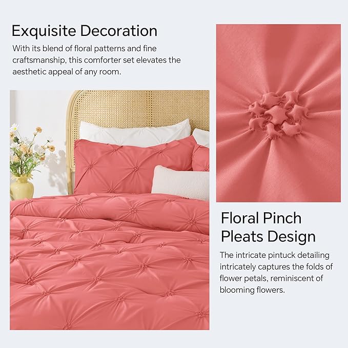 BEDELITE Coral Twin Comforter Set - 2 Peices Boho Pintuck Bedding Comforter Sets, Lightweight Soft & Warm Twin Bedding Sets with 1 Pillowcase for All Season