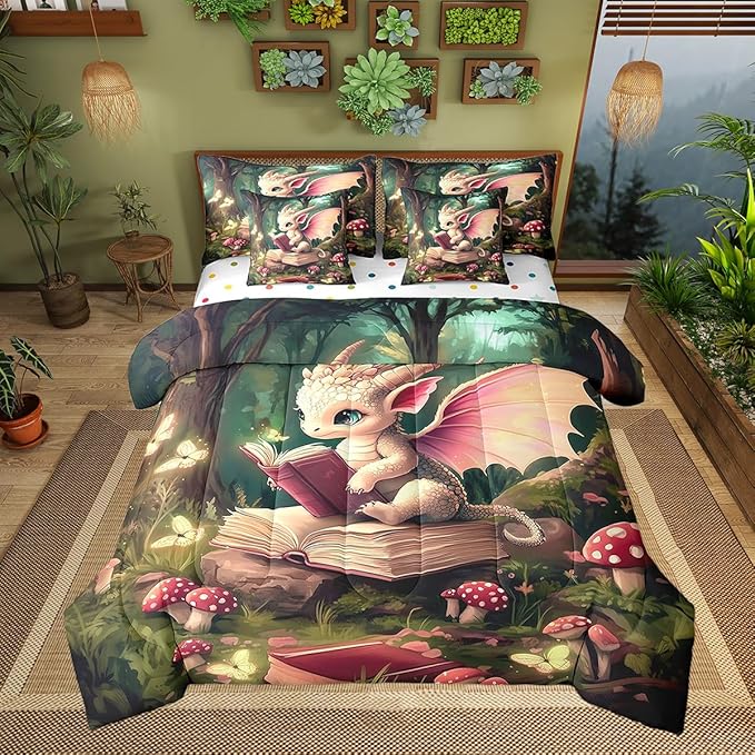 Magical Dragon Wildlife Comforter Set,Childlike Fairy Tale 7 Piece Bed Set King Size for Kids,Cute Jungle Mushroom Bed in a Bag Bedding Set with Comforter,Sheet Set,Pillowcases,Pillow Covers