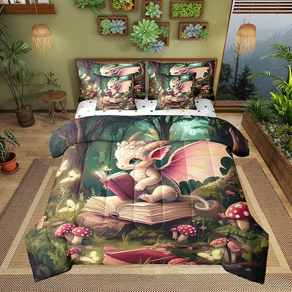 Magical Dragon Wildlife Comforter Set,Childlike Fairy Tale 7 Piece Bed Set Twin Size for Kids,Cute Jungle Mushroom Bed in a Bag Bedding Set with Comforter,Sheet Set,Pillowcases,Pillow Covers
